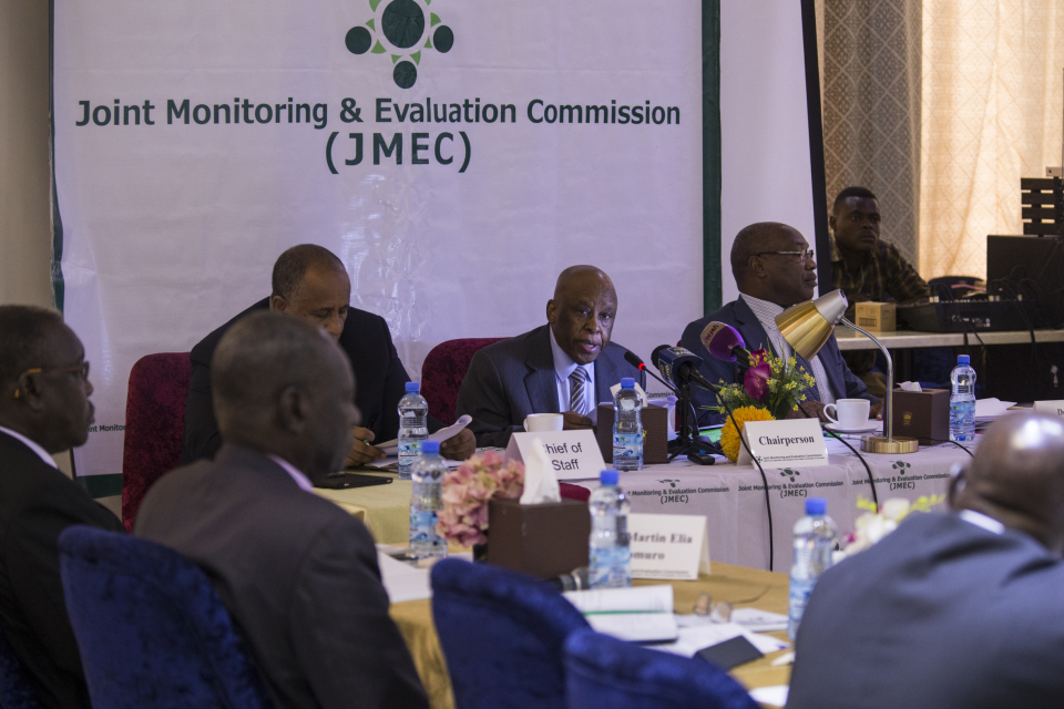 The then Chairperson of the Joint Monitoring and Evaluation Commission (JMEC), H.E. Festus Mogae, addressing JMEC Plenary on 24th May 2017, in Juba.